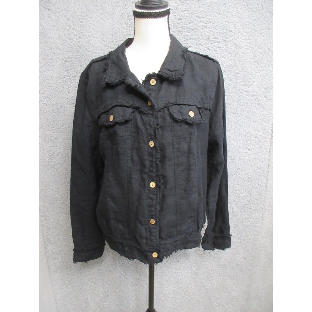 Crown Linen Shirt Jacket Womens L Black Frayed Boho Utility Lagenlook Minimalist